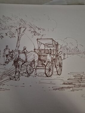Tony Oswall Hand-Drawn Carriage Pen & Ink Art Print in Brown